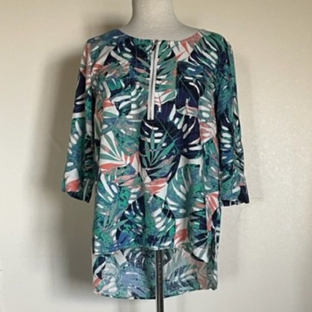 Dana Buchman Pull On Zip Tropical Island Floral Print Shirt Blouse